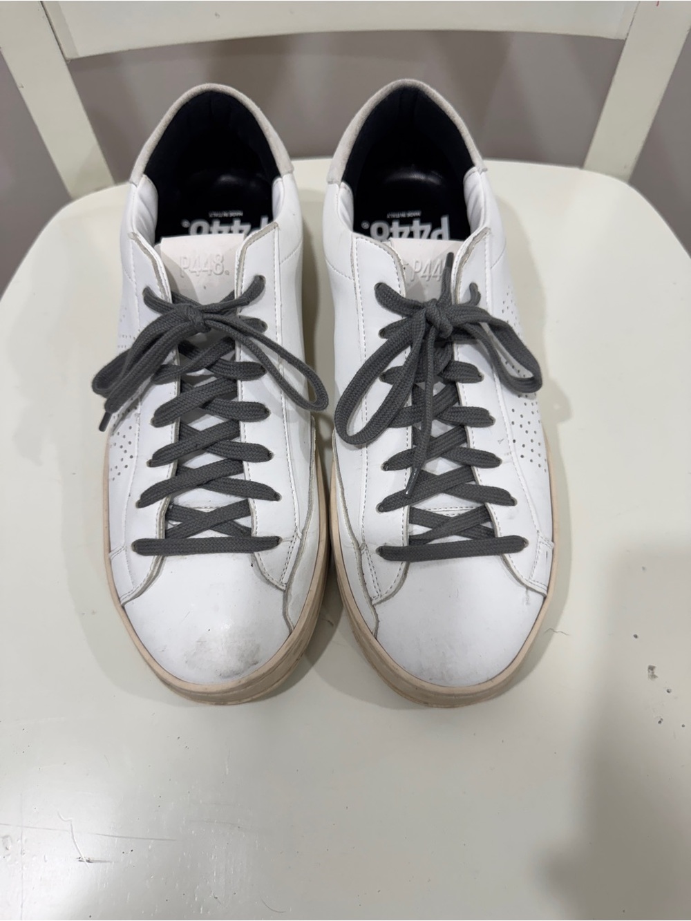 P448 White Leather Low-Top Sneakers with Gray Laces